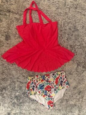 Women’s Red Peplum Tankini Top with Floral High-Waist Bottoms